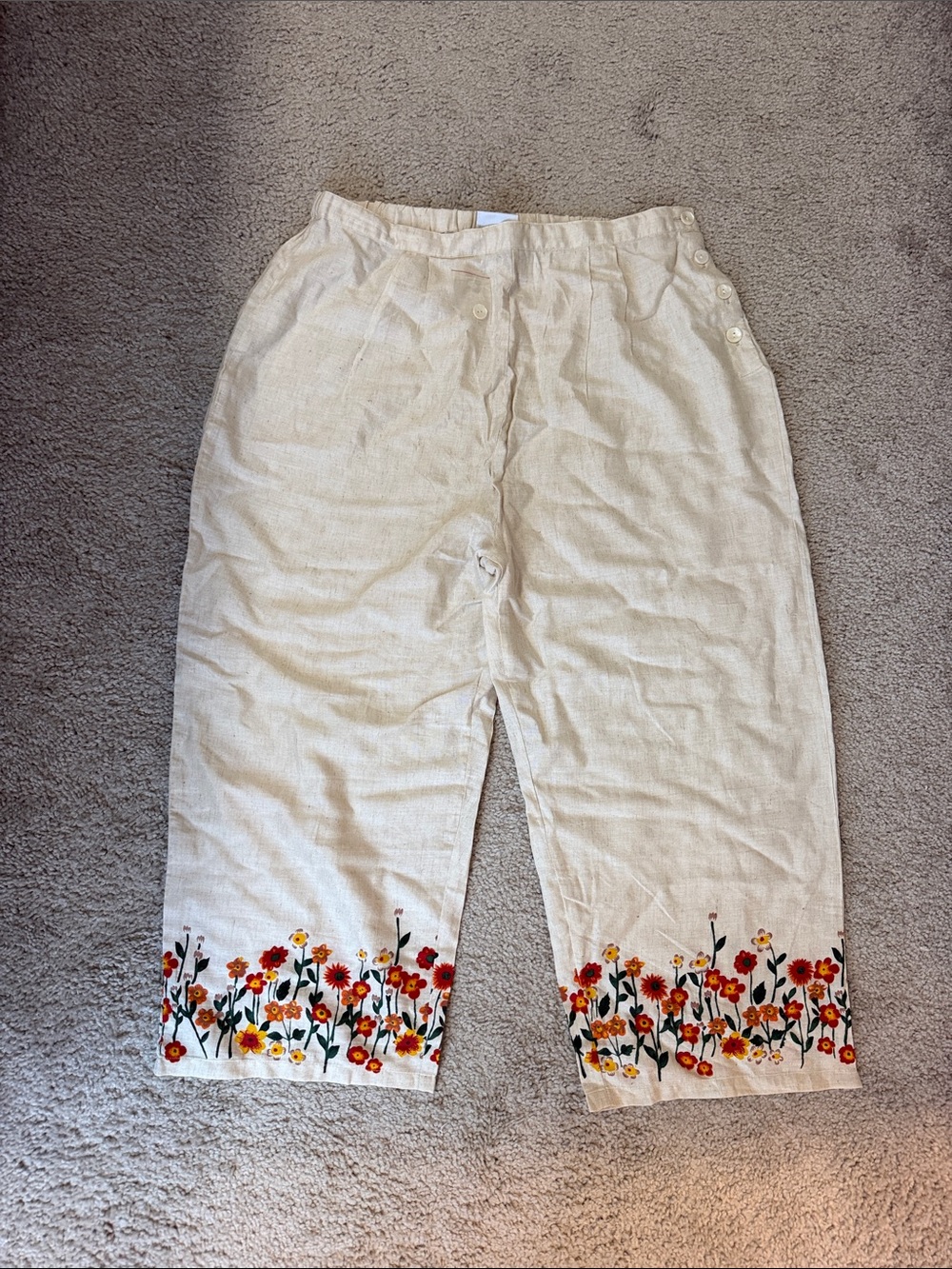 Beige Floral-Trim Kids Casual Pants with Button Waist
